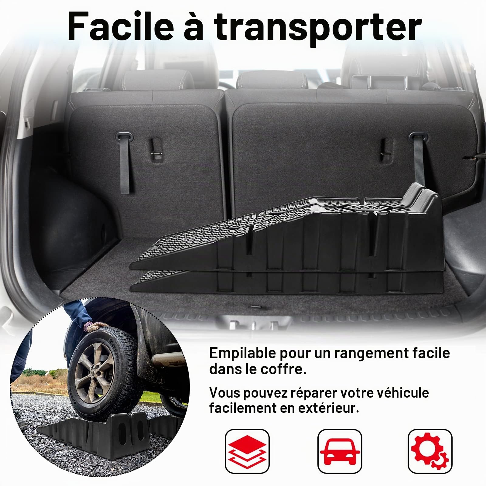 Froadp Lot de 2 rampes de chargement antidérapantes en plastique pour Caravane VTT Garage Atelier Réparation et Entretien de Voiture Capacité de charge maximale de 2500 kg par paire (90x31x22,5cm)