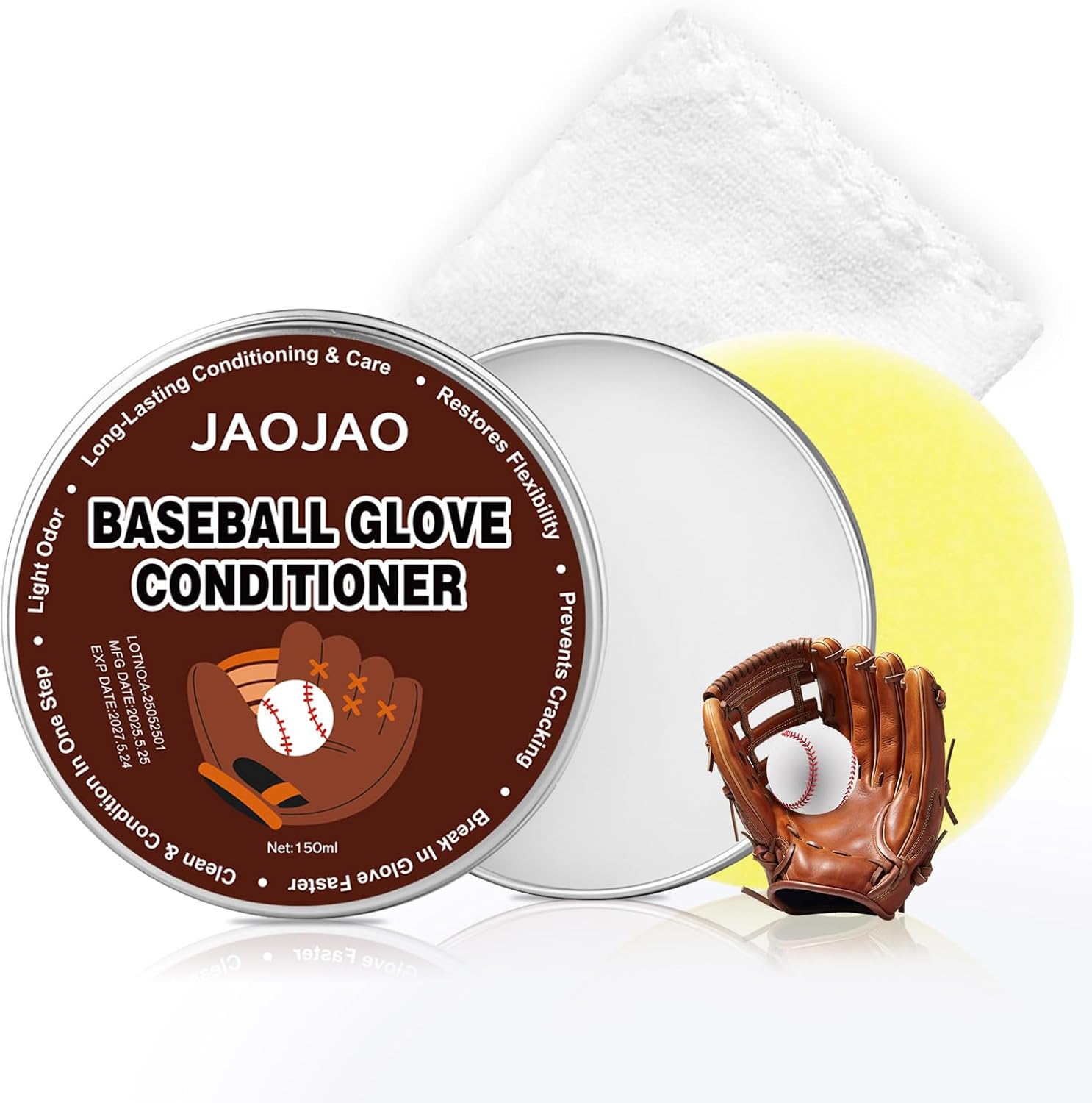 JAOJAO Baseball Mitt Oil, Mink Oil Protective Leather Salve Includes Towel and Sponge Pad, for Softball Water Baseball Glove and Leather Glove Care, White Solid 5.29 Oz