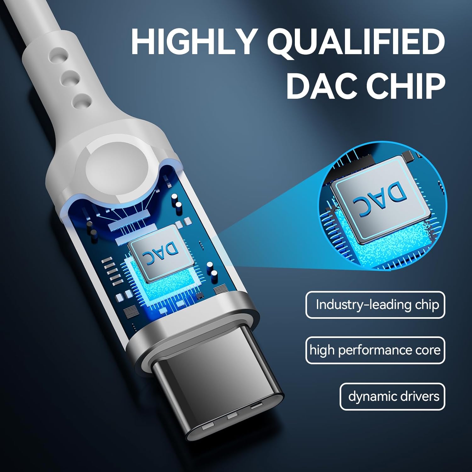 Close-up of the DAC chip integrated into the USB-C connector