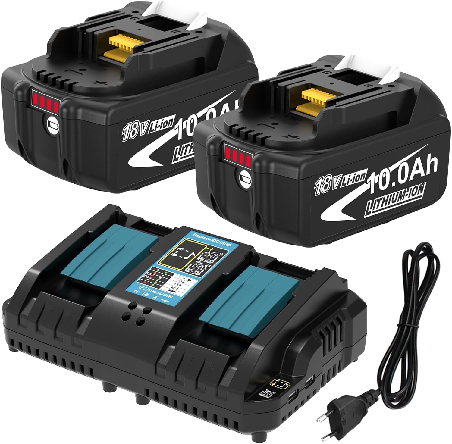 2 Stück 10.0Ah Ersatzakku für Makita Akku 18V + Doppel-Ladegerät DC18RD für BL1860B BL1860B BL1850B BL1850 BL1860 BL1845 BL1840 LXT-400
