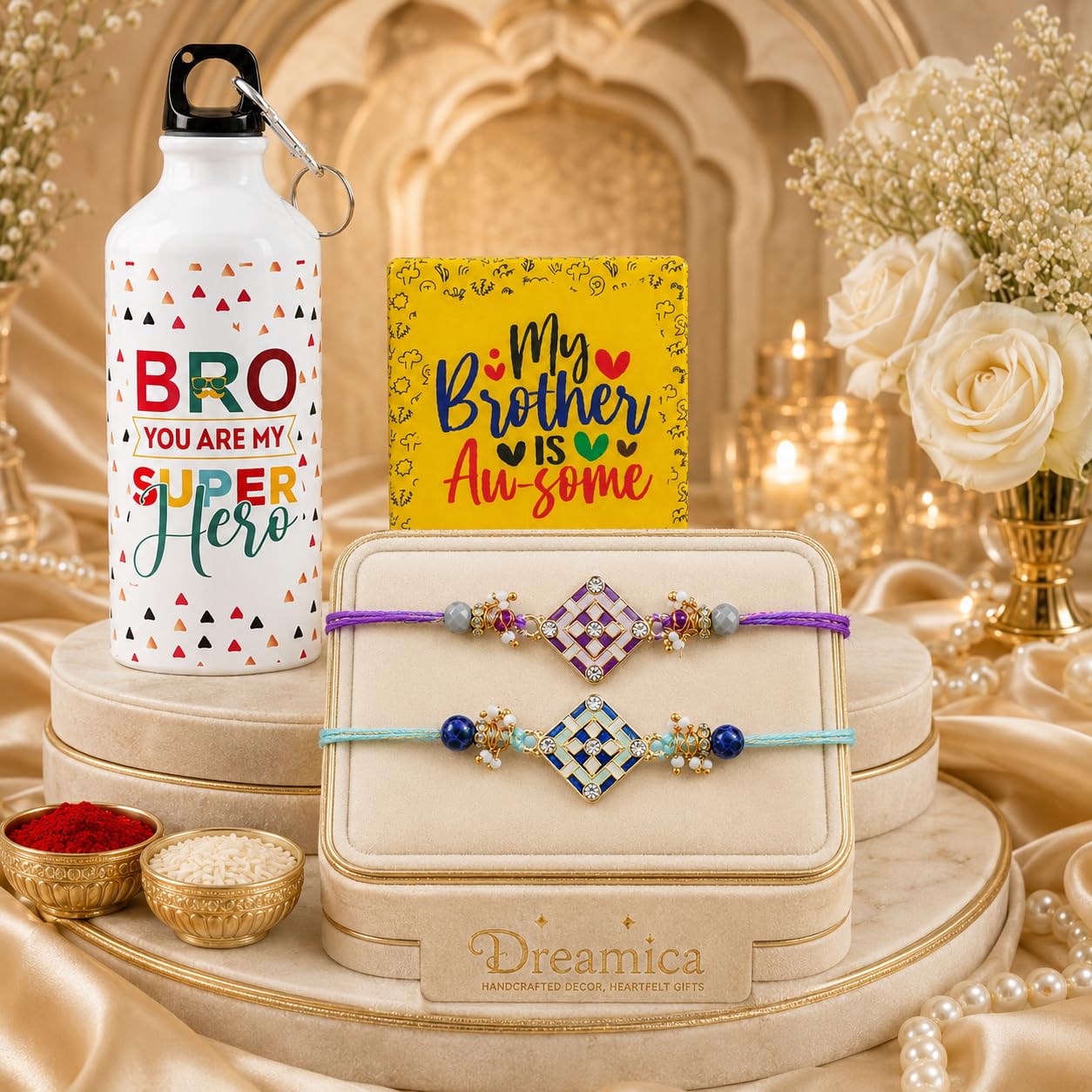 Dreamica Designer Set of 2 Rakhi, 600 ML Best Bro Sipper, Fridge Magnet, Greeting Card and Tilak Set | Best Rakhi Gift for Brother