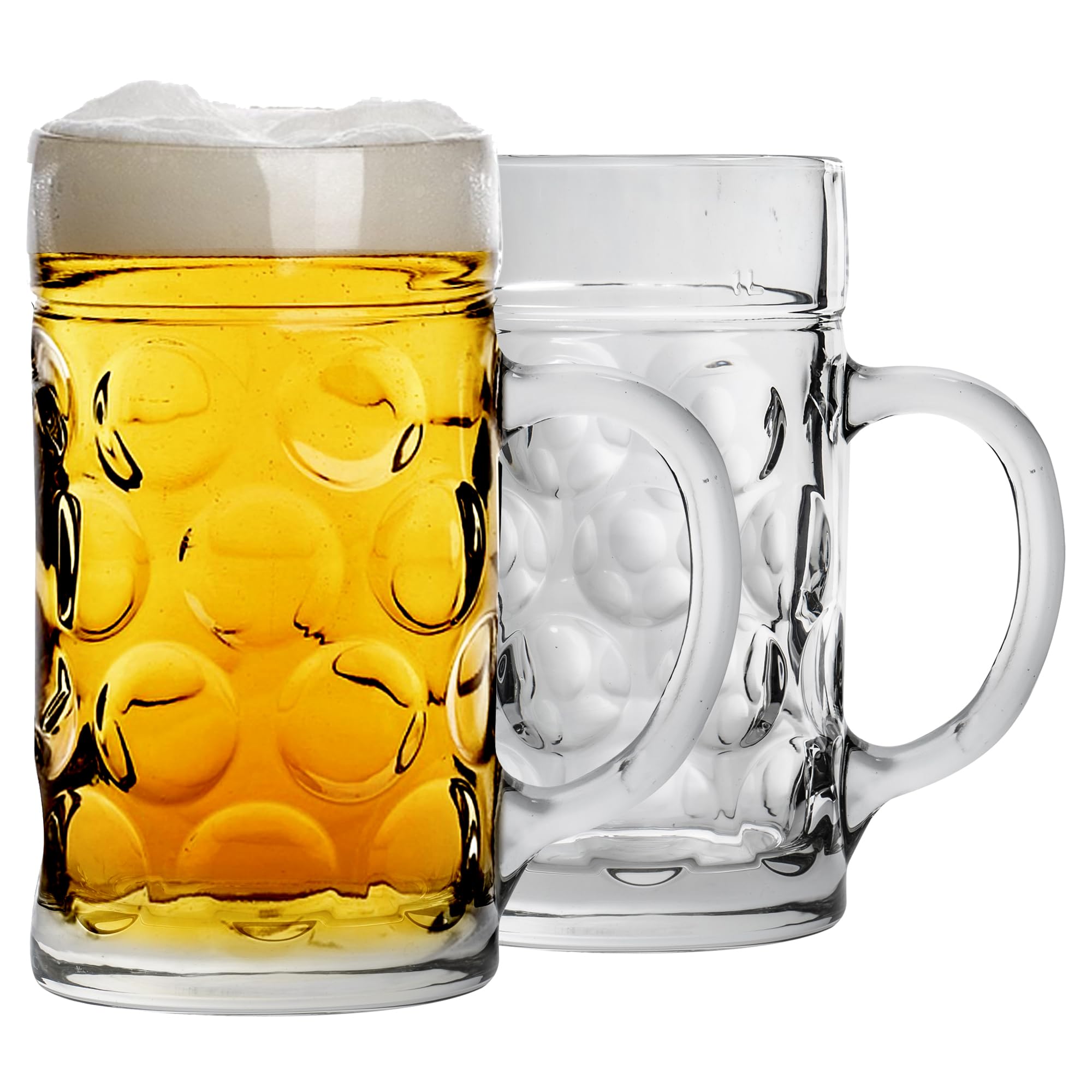 Rink Drink German Beer Stein Glass - 1.3L - Pack of 2 - Large Dimpled Beer Mug Tankard with Handle for Lager, Ale & Cider - Authentic Oktoberfest Style Pint - Freezer & Dishwasher Safe