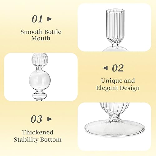 Miniatura 5 de Hewory Juego de candelabros de cristal 3 portavelas transparentes a granel, candelabros de cristal acanalados, decoración para centro de mesa, boda,