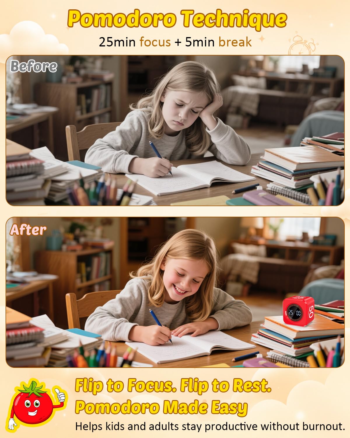 Pomodoro - Timer digitale a cubo, 5/10/25/50 min, produttività visiva, timer flip per scrivania per bambini, conto alla rovescia personalizzato, modalità silenziosa e sonora, per ADHD, studio