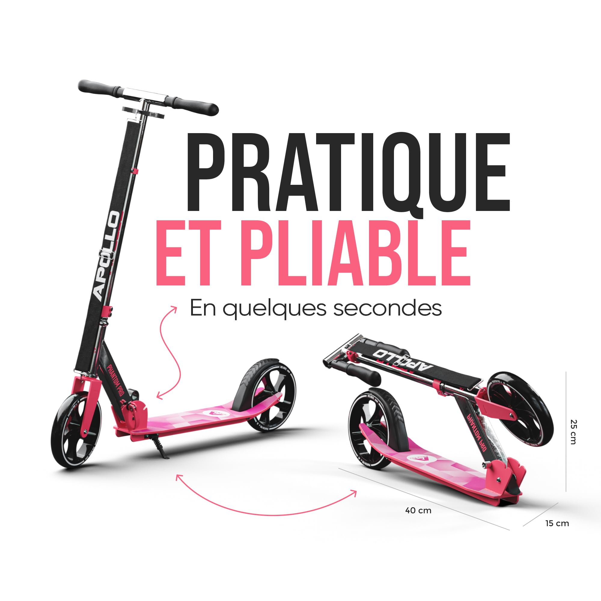 Apollo Trotinette aux Roues XXL - 200mm - Trotinette Freestyle de Ville Phantom Pro - City Scooter Pliable et à Hauteur Ajustable pour Adultes et Enfants