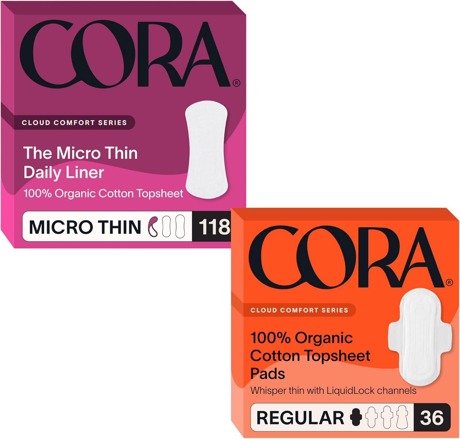 Cora Organic Cotton Feminine Care Bundle | 118 Micro Thin Daily Panty Liners and 36 Ultra Thin Regular Absorbency Period Pads with Wings | Unscented