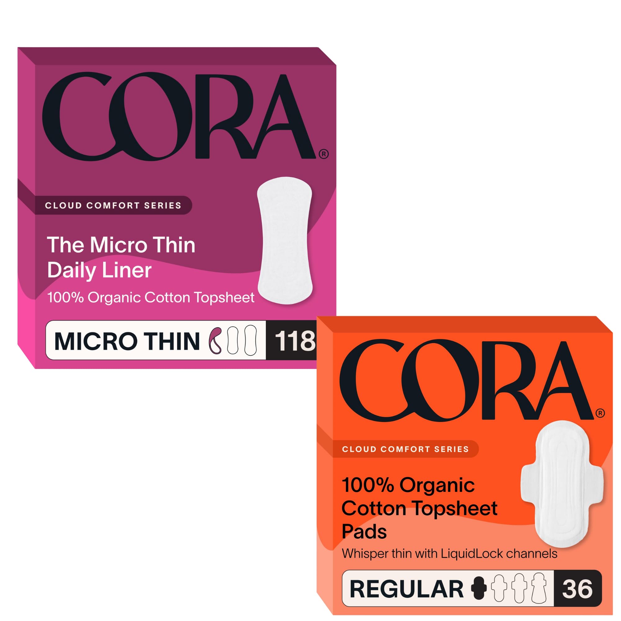 Cora Organic Cotton Feminine Care Bundle 118 Micro Thin Daily Panty Liners and 36 Ultra Thin Regular Absorbency