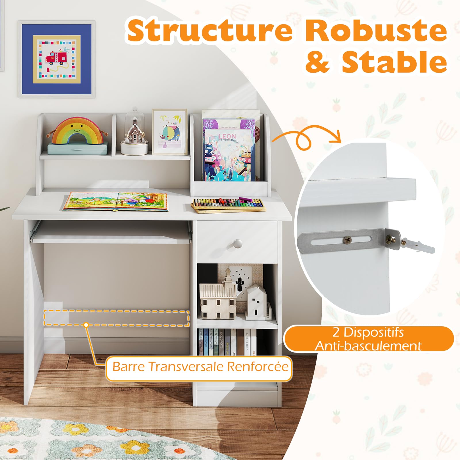 GOPLUS Bureau Enfant 3 en 1 avec Rangement, Tiroir et Étagères, Table Enfant en Bois 90x45x90CM Blanc