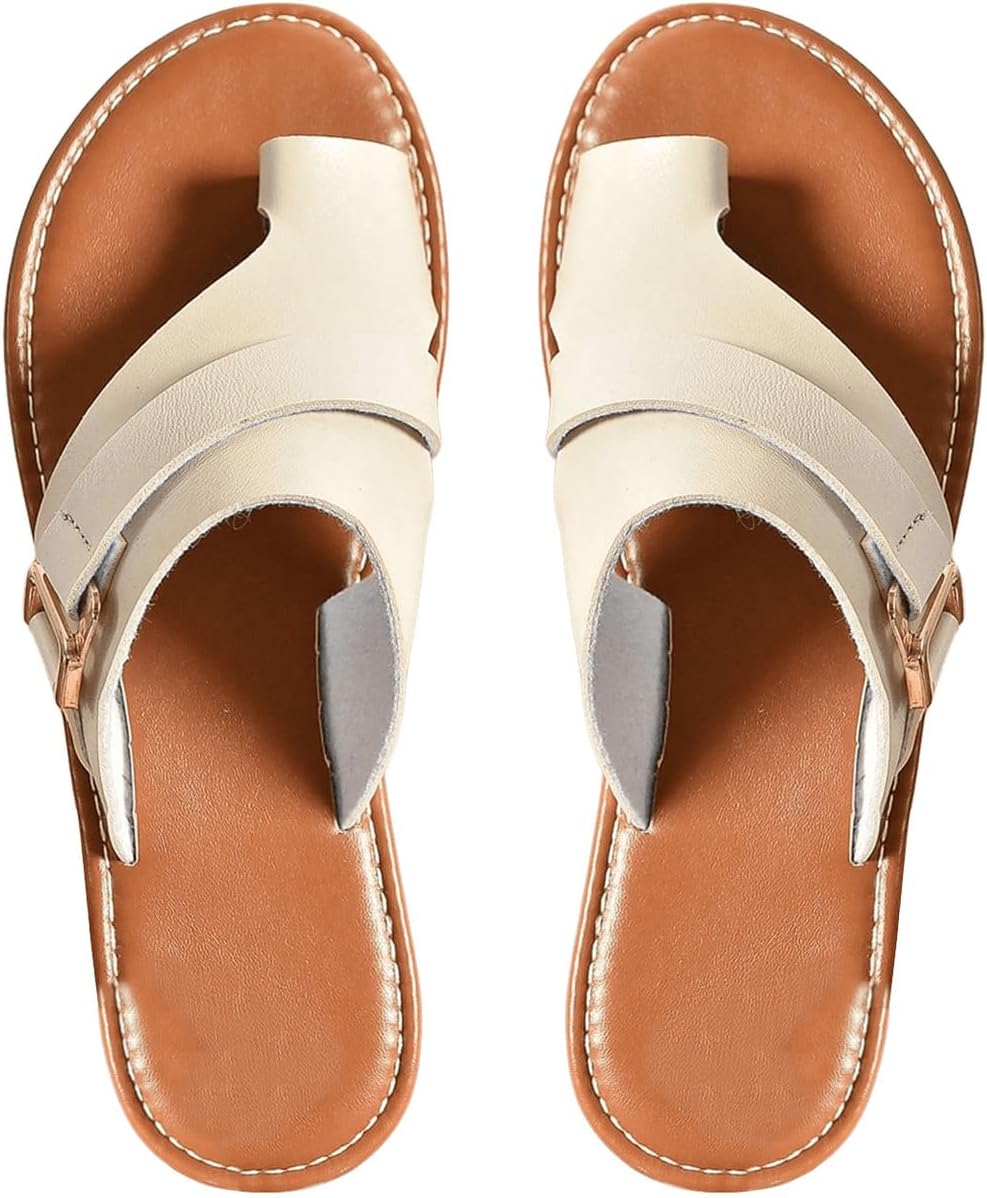 GORGLITTER Women’s Open Toe Ring Flat Sandals Buckle Cut Out Pu Leather Dressy Slide Sandals