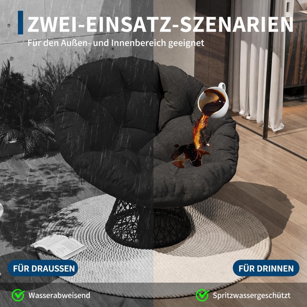 Papasansessel, bequemer Drehsessel, dickes Kissen, ergonomischer Rattansessel, 360° drehbarer Loungesessel, runder Relax Korbsessel, stabiler Stahlrahmen, für Wohnzimmer, Leseecke, Lounge, grau