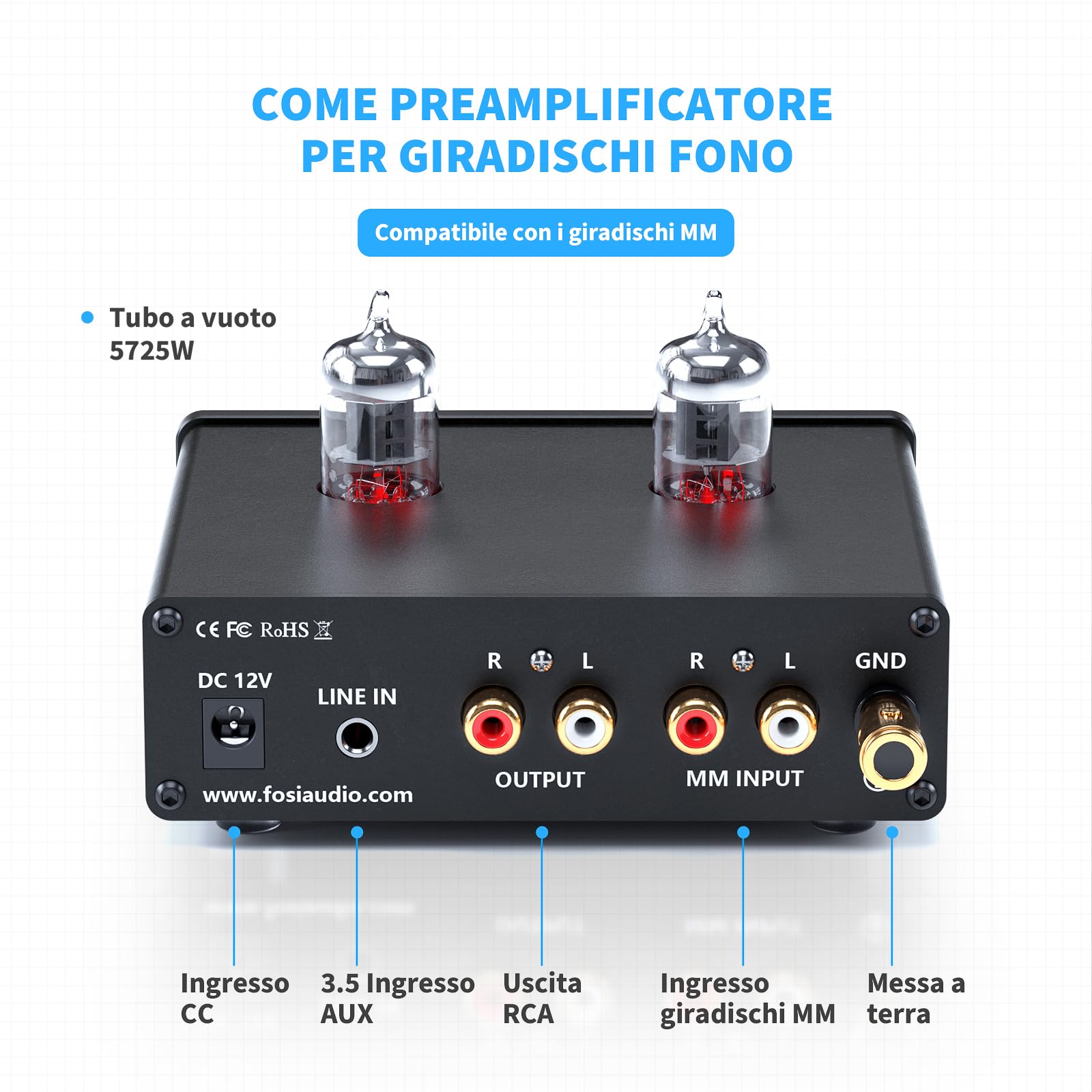 Fosi Audio X4 Preamplificatore Phono a valvole HiFi per cuffie e giradischi MM, BOX X4 Guadagno Stereo