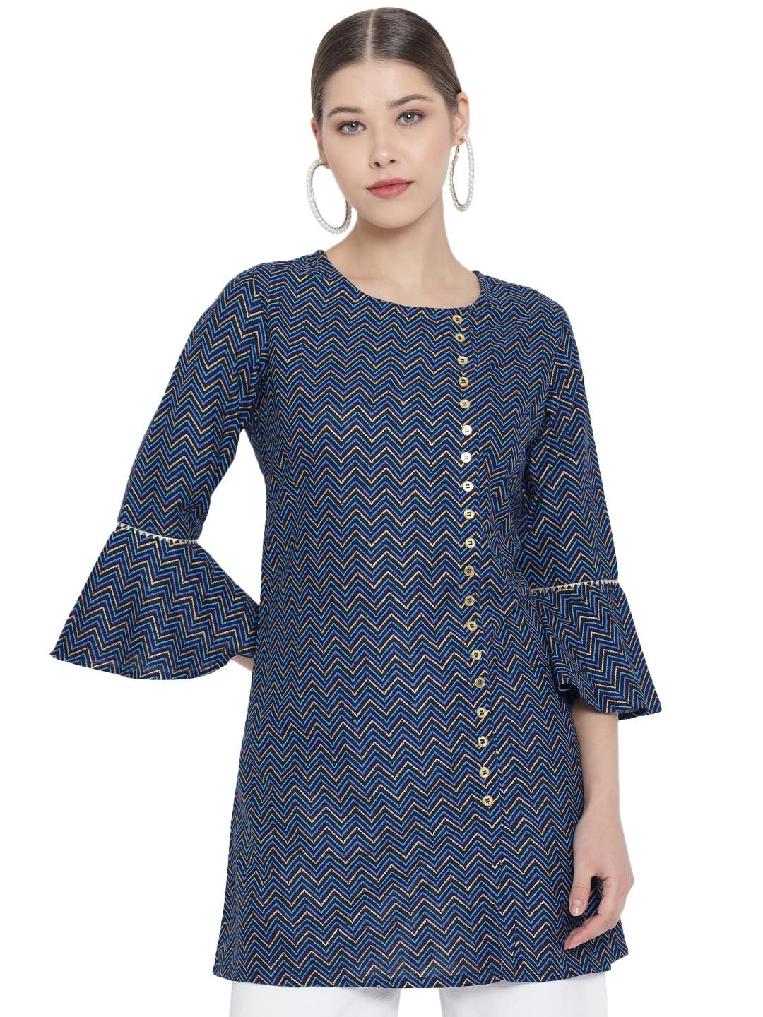 Yash GalleryWomen's Rayon Chevron Printed Bell Sleeve Round Neck Mid Thigh Length Straight Fit Short Kurta For Summer