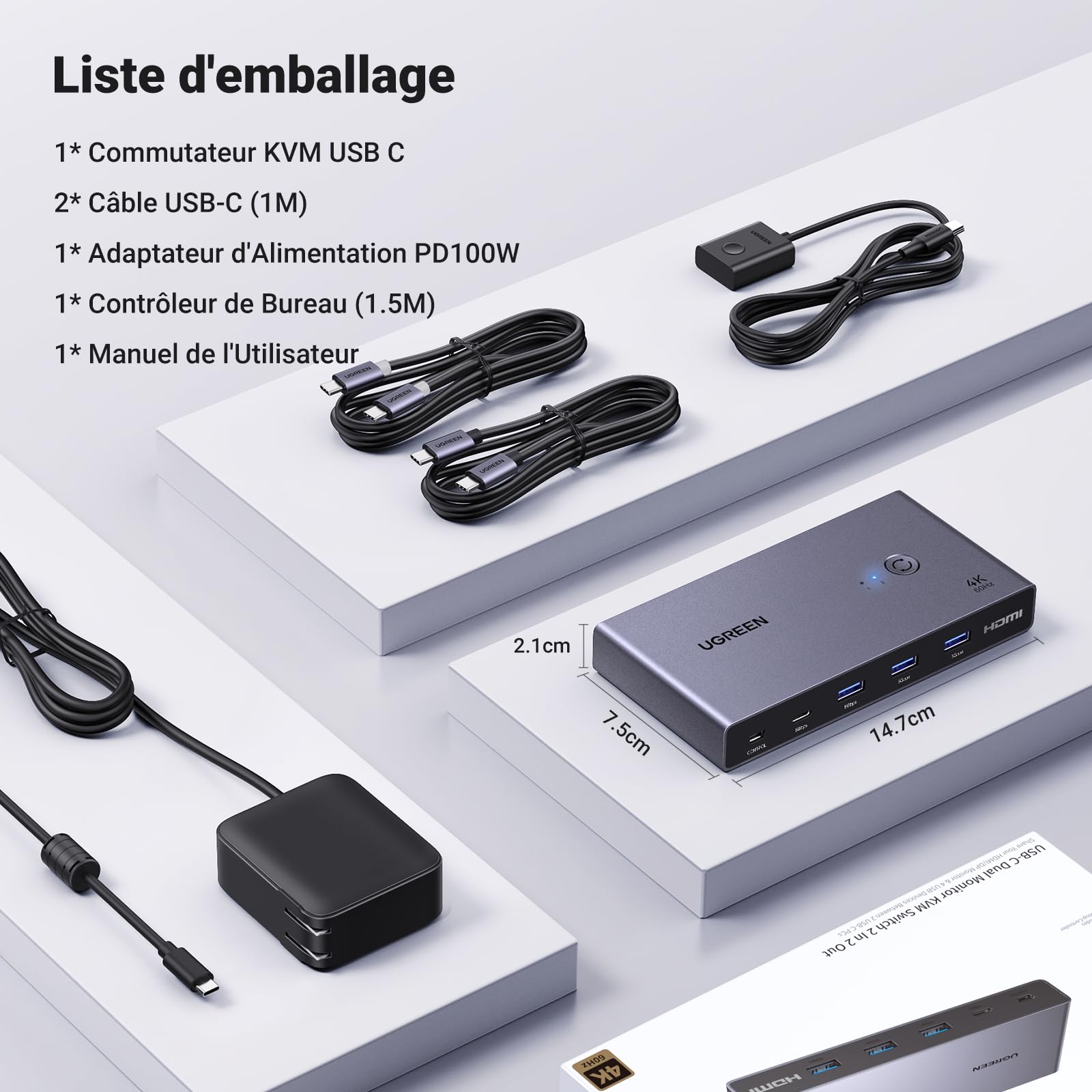 UGREEN KVM Switch HDMI2.0 Commutateur KVM DP 4K 60Hz 2 Entrées 2 Sories | 3 Ports USB A USB C 3.0 5Gbps PD 100W pour MacBook Pro Mac Mini M4 Clavier Souris Disque Dur avec Contrôleur de Bureau