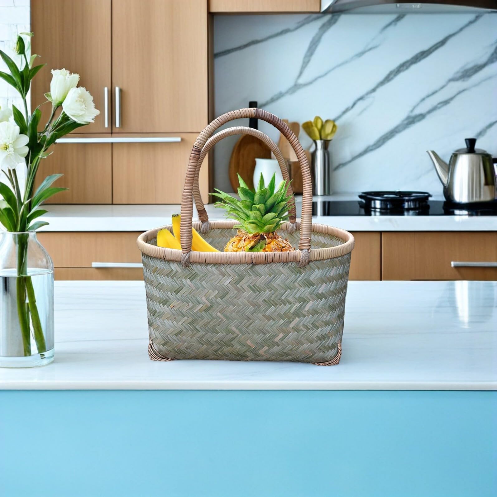 MAGICLULU Cesta Tejida De Bambú Pequeña para Picnic y Almacenamiento Cesta Multiusos Portátil Color Aleatorio 31x21x16 Cm para Jardín y Patio Al Aire Libre