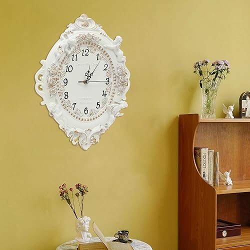 Miniatura 6 de European Style Resin Wall Clock, Retro Silent Clock with Angel and Rose Relief, Decorative Mural Clock for Living Room, Bedroom, Office, Farmhouse,