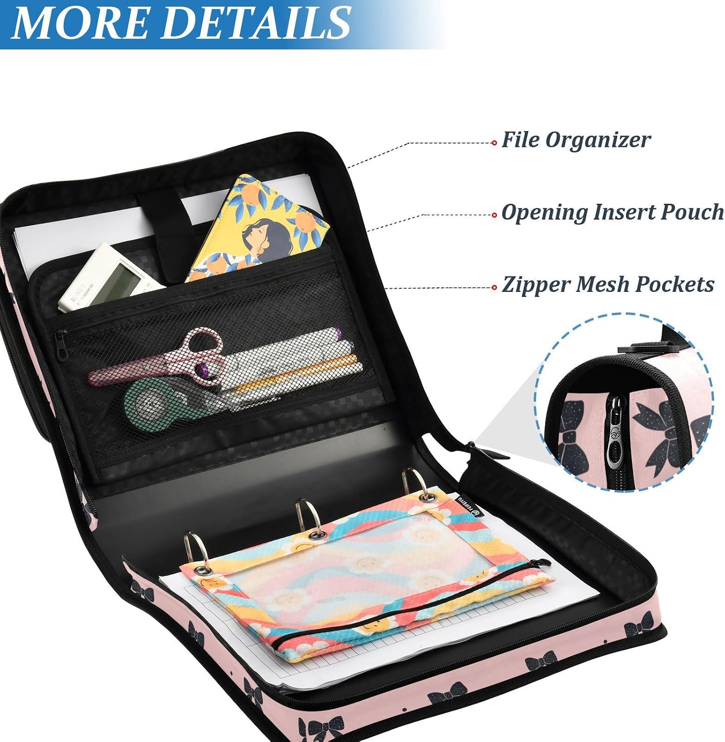 Black Bow Dot Pink Zipper Binder with Shoulder Strap Trapper Keeper 3 Ring Binder Organizer Large Capacity Multiple Compartments for School Office