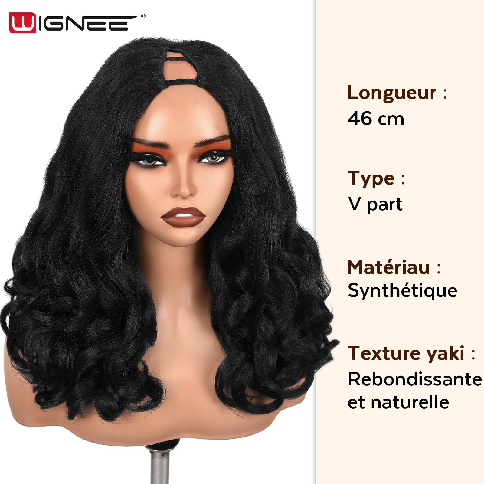 WIGNEE Perruque V Part Bouclée 46 cm – Yaki Synthétique Résistante à la Chaleur, Noir Naturel, Demi-Perruque Légère, Mélange Invisible pour Usage Quotidien