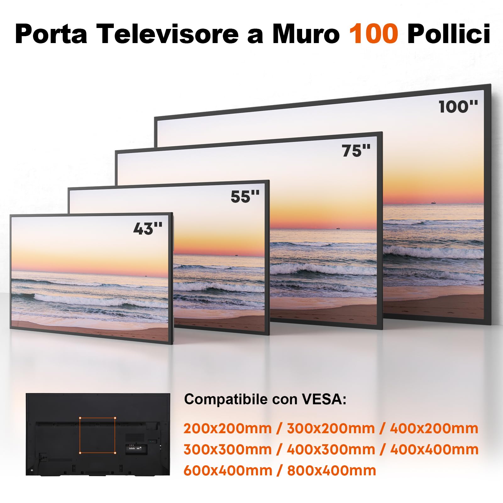 Supporto universale per TV da 43–100 pollici fisso, Supporto piatto per TV fino a 75 kg, compatibile con VESA 800 x 400, nero