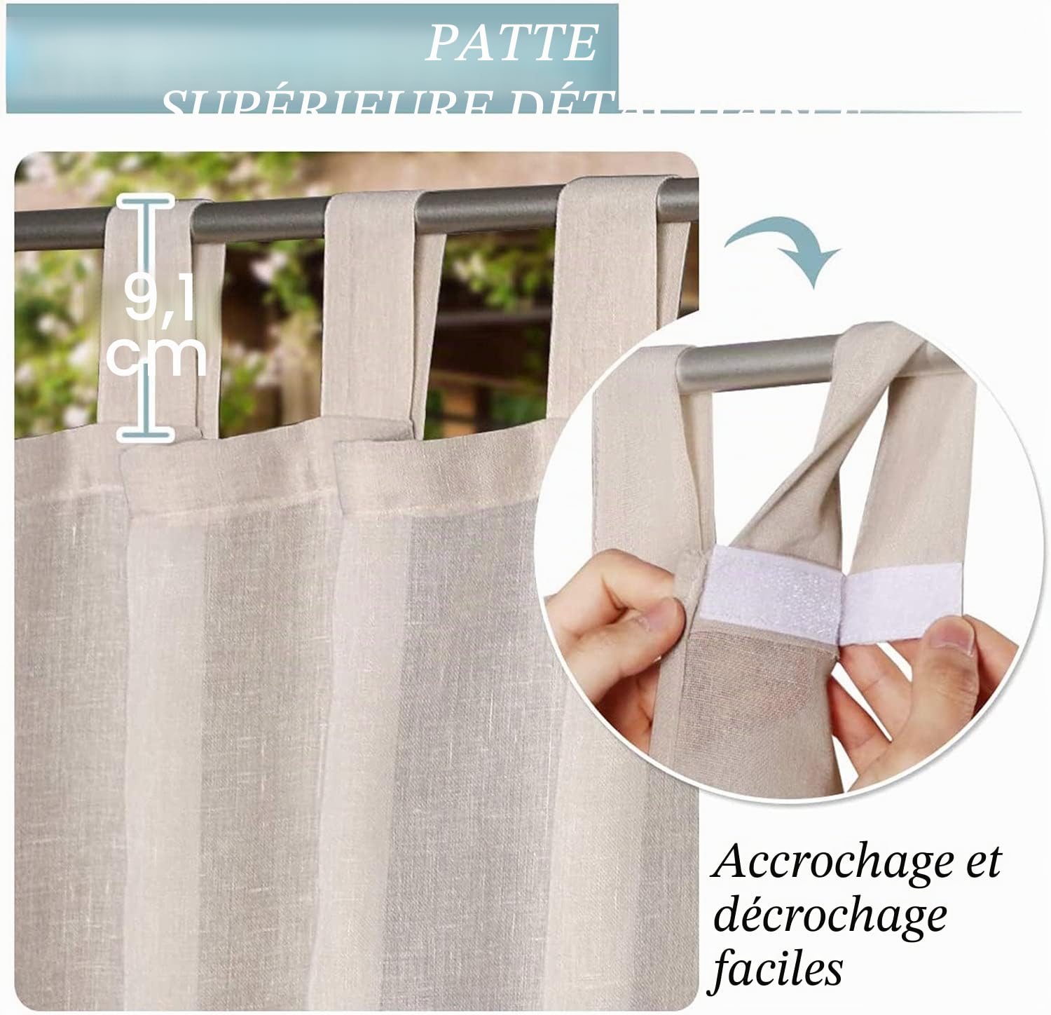 Rideau Extérieur avec Onglet en Haut - Lot de 2. Rideau Imperméable aux Occultants, Fermeture Velcro, pour Pergola, Gazebo, Terrasse, Pavillon, H213 x L132 cm, Naturel