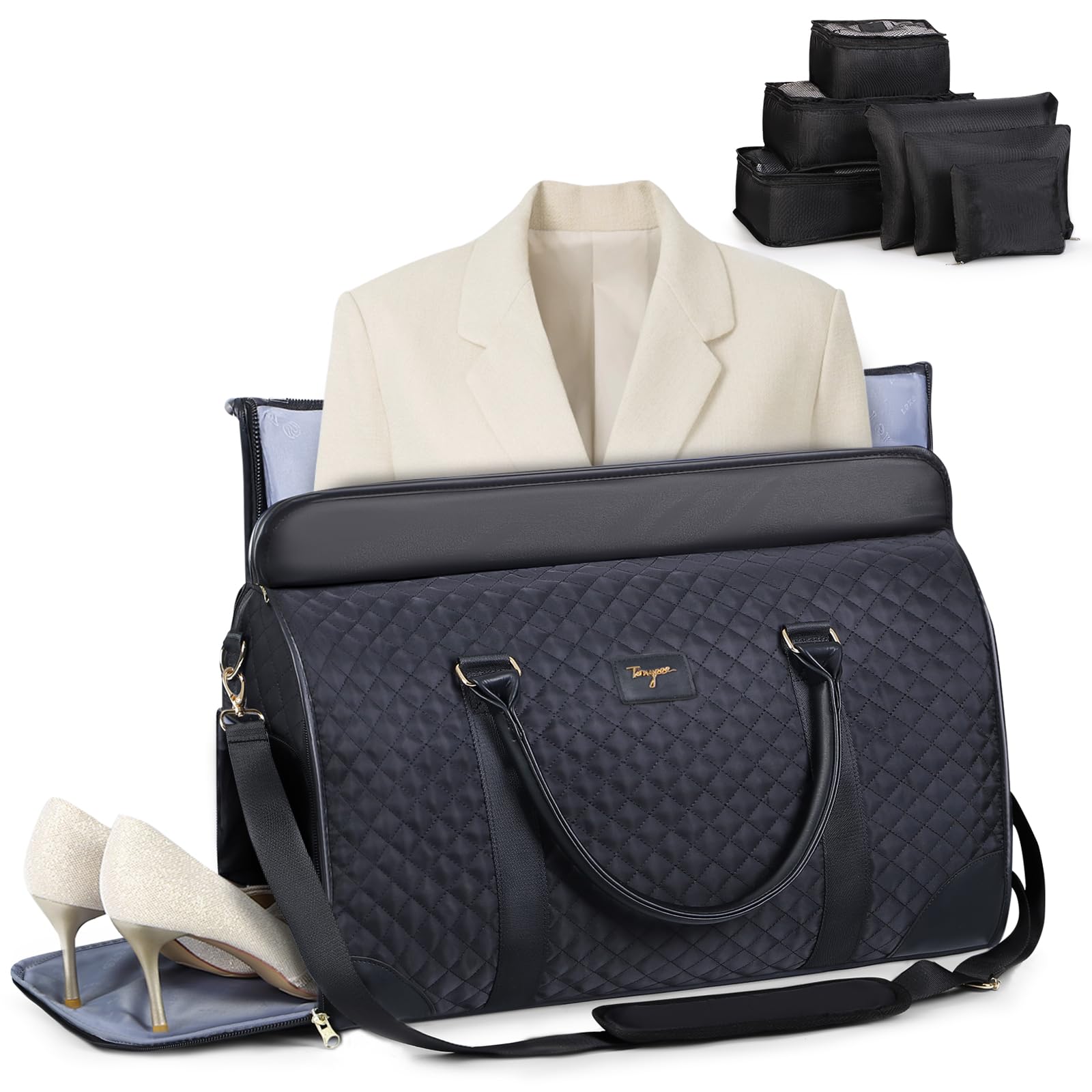 TonyeeeConvertible Duffel Garment Bag, Garment Duffle Bags for Travel, Carry on Garment Bag for Women, Overnight Bag Weekender Bag with 6 Organizer Bag, 2 in 1 Hanging Suitcase Suit, Black