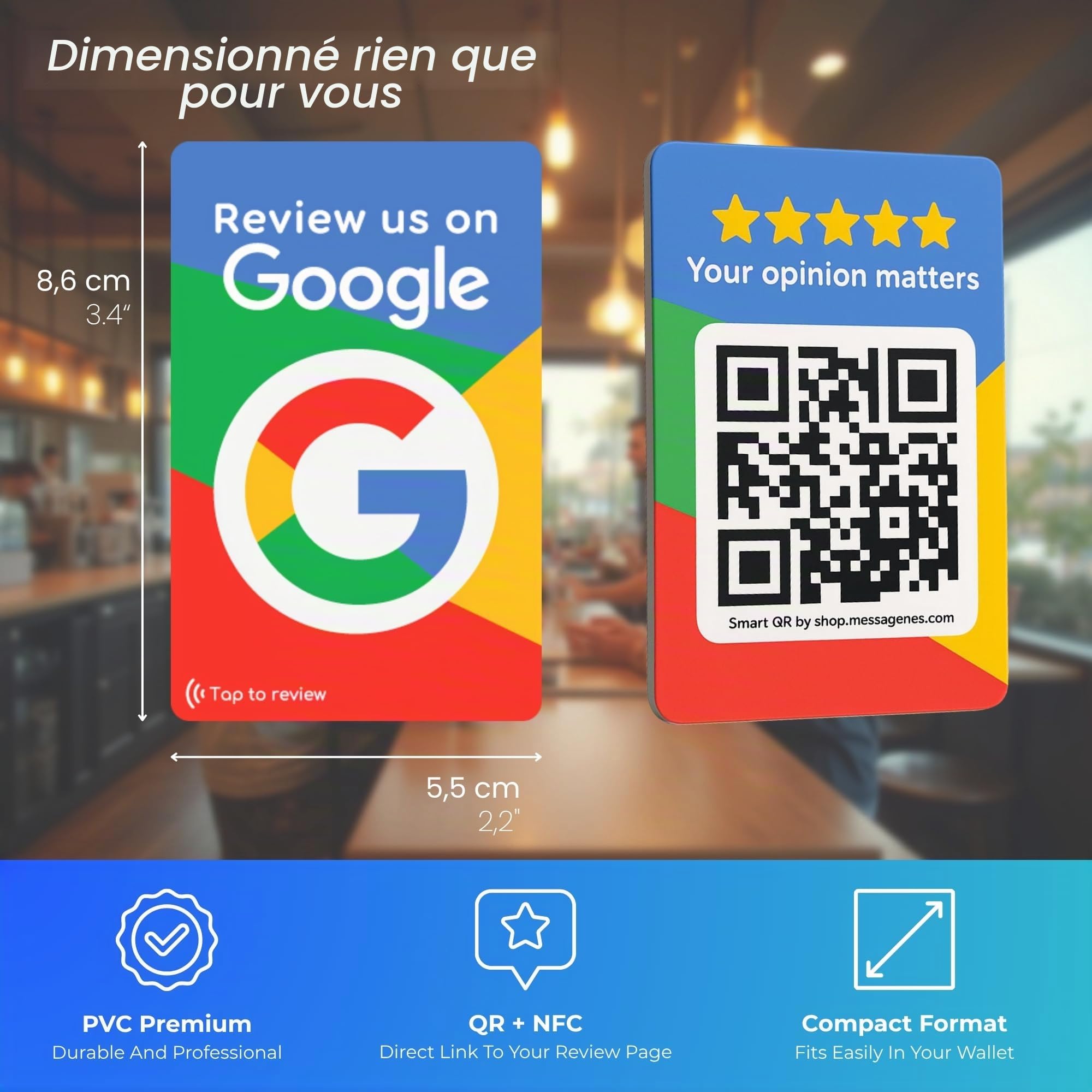 Cartes pour Google Review – Lot de 2 QR et NFC tactiles réutilisables pour iPhone et Android – Boostez vos avis – Configuration facile à domicile | par MESSAGENES