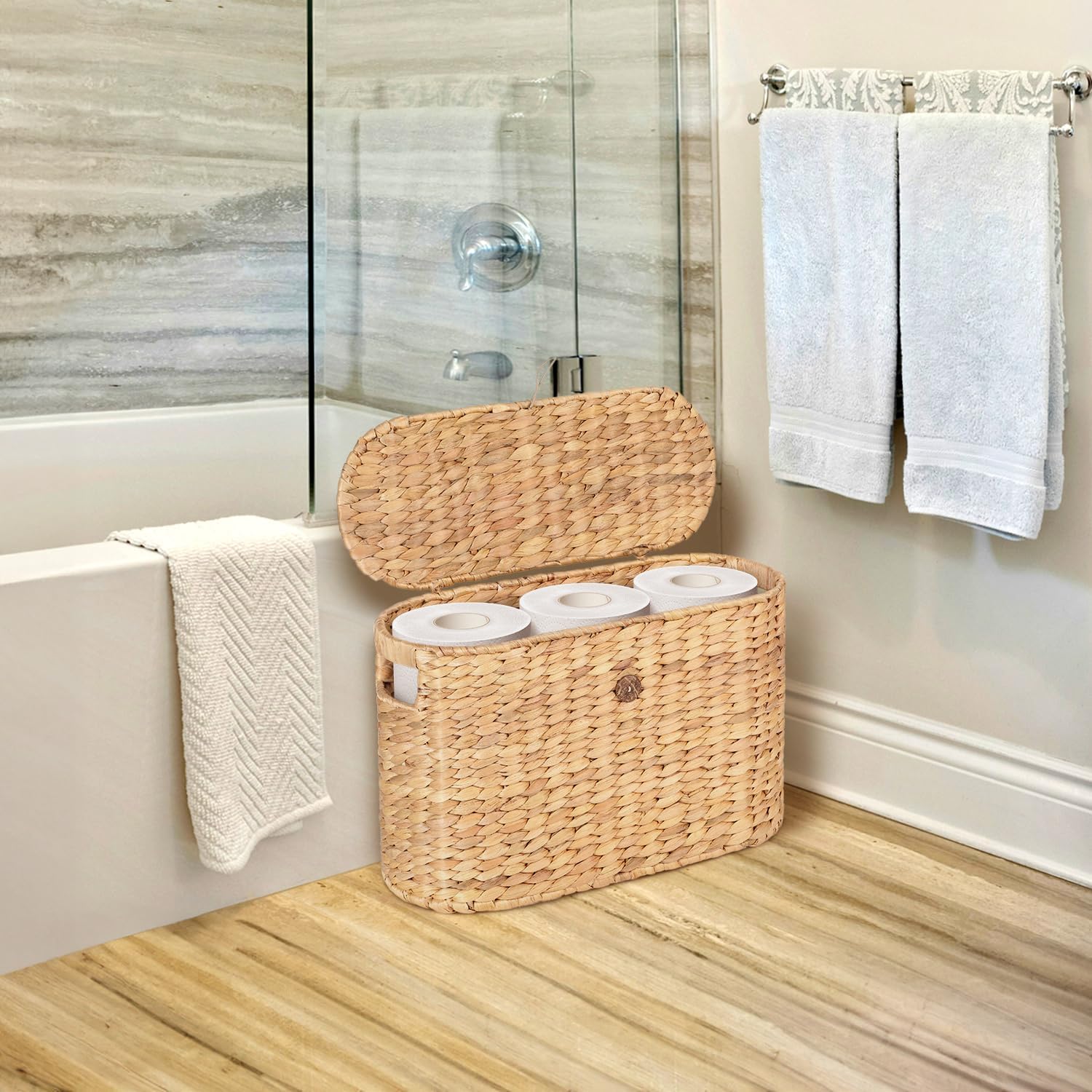 Toilet Papers Storage, Water Hyacinth Baskets with Lid, Water Hyacinth Toilets Paper Basket for Storage, Toilets Paper Holder Wicker Basket, Toilet Papers Organizer, Bathroom (1, Light Brown 2) image 4