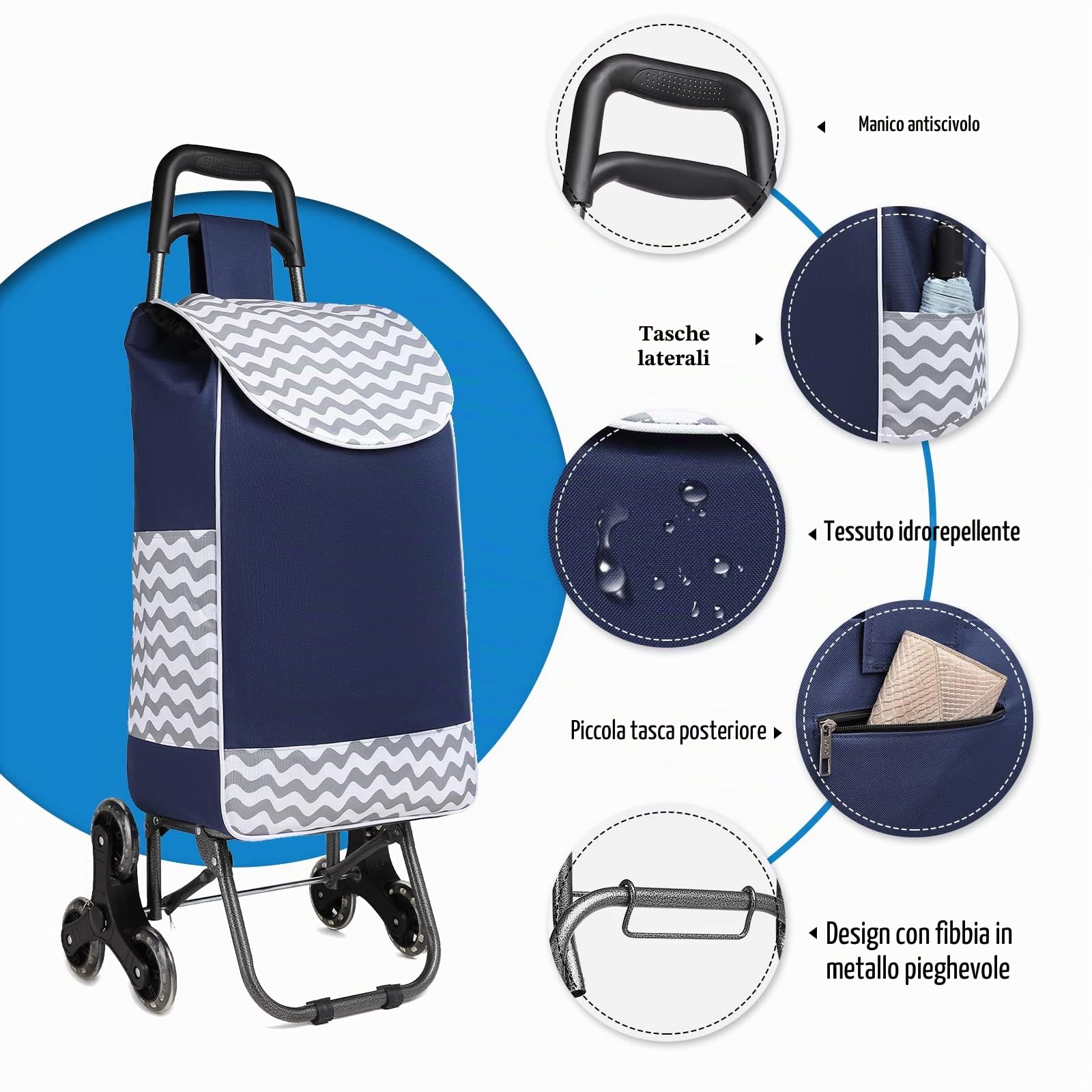 Kono Carrello Spesa 6 Ruotes Carrello Saliscale Pieghevole 2 en 1 Trolley per La Spesa con Borsa Impermeabile Rimovibile (Marina Militare)