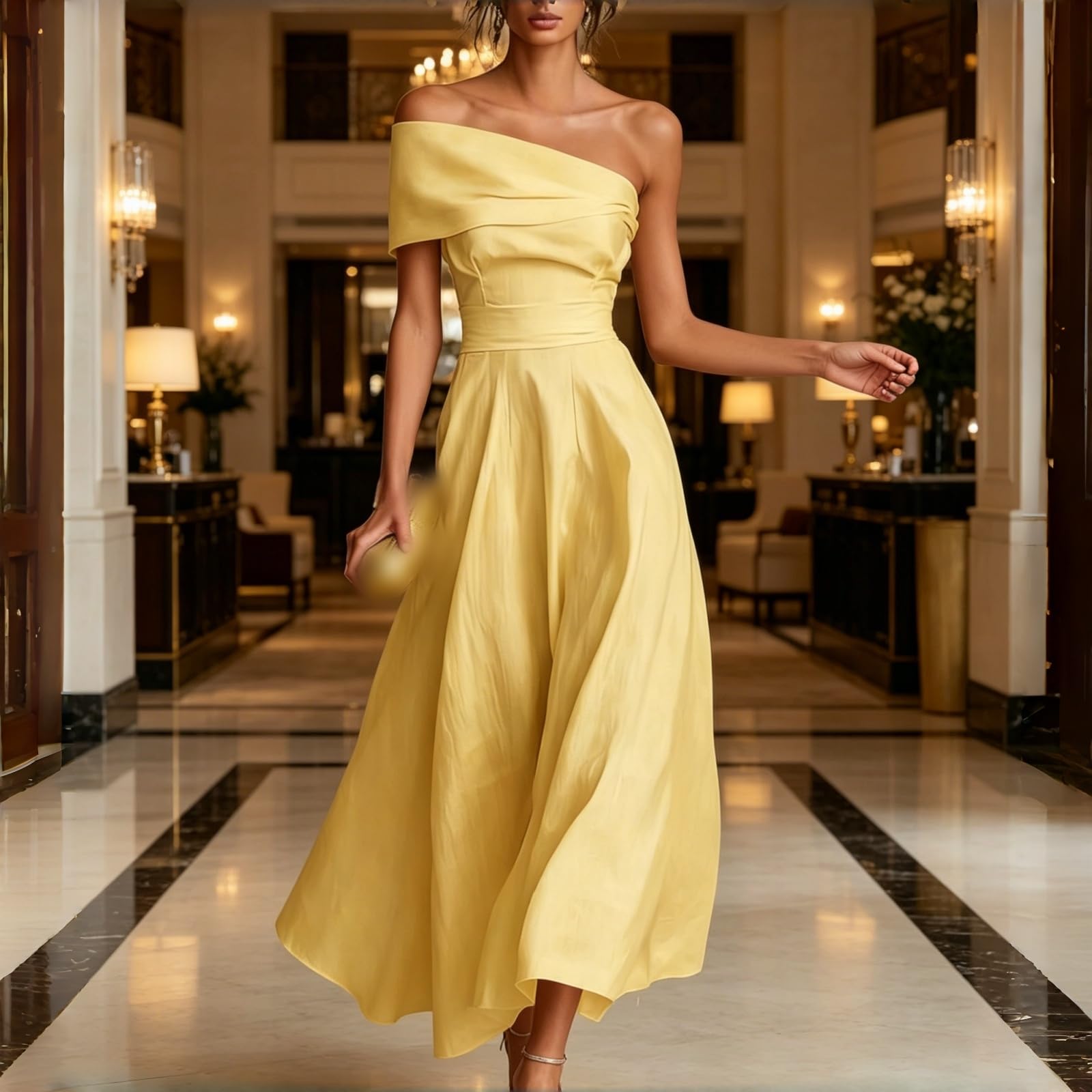 Abito da Donna Giallo in Lino con Scollatura Monospalla e Vita Aderente – Elegante Modello Scollato sulla Schiena a Linea A, Ideale per Cerimonie e Feste