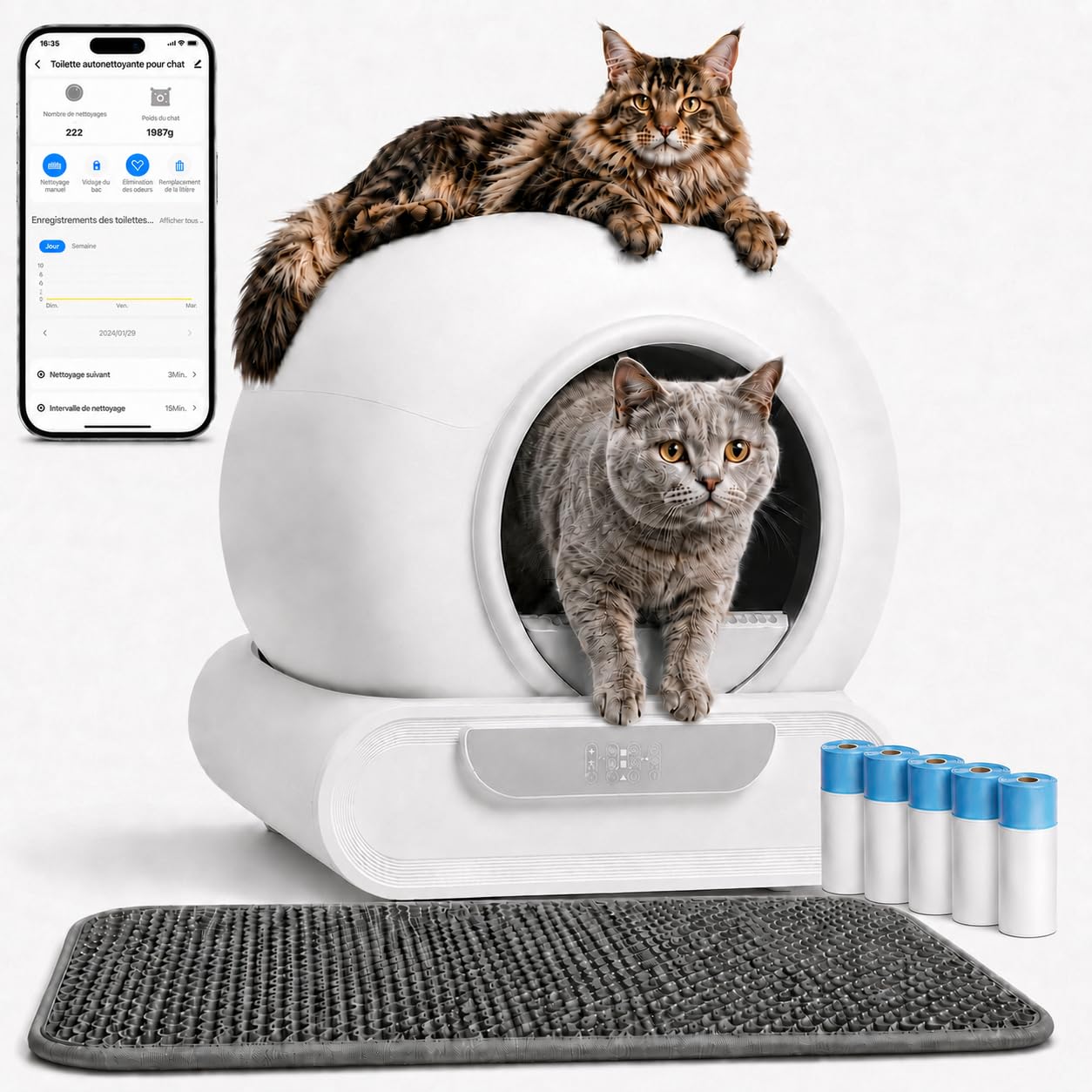 Litière Chat Automatique Autonettoyante XXL 65L, Contrôle par Application WiFi 2,4 GHz, Bac à Déchets 9L, Gestion Multi-Chats, Surveillance du Poids et de l’Utilisation, pour Chats 1 à 8 kg