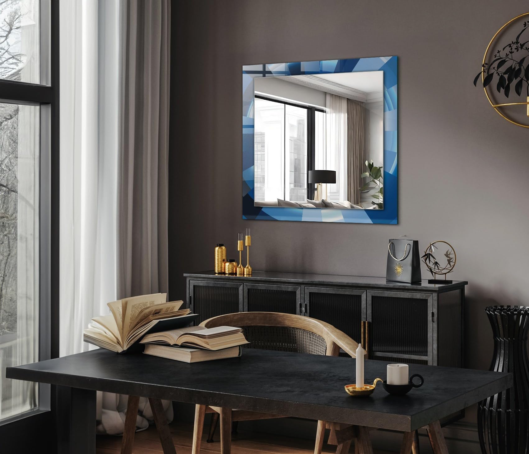 Eleganckie prostokątne lustro 60 x 60 cm (23,6 cala x 23,6 cala) | szklana krawędź z subtelnym nadrukiem, idealny akcent ścienny - abstrakcyjny tunel