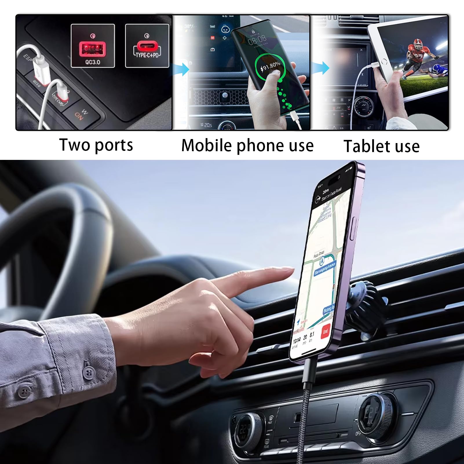 Dual USB Adapter Ladesteckdose Schnellladegerät für Golf GTI R-Line MK5 MK6 J-t-a MK4 S-c-o EOS Kabellänge 92 cm