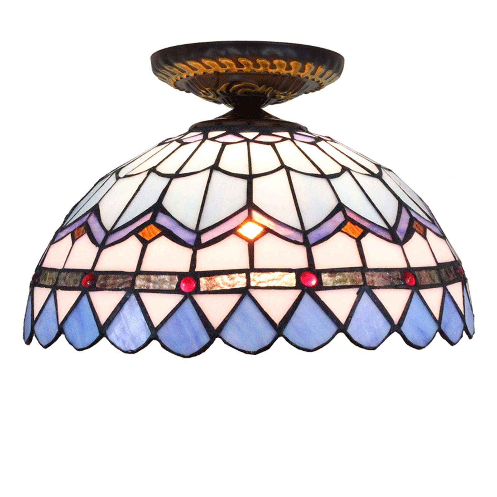HJRegaFimu 12 Inches Ceiling Light Small Stained Glass Chandelier Blue Feather Vintage Decor Uplighter Lamp For Living Dining Room Bedroom Corridor