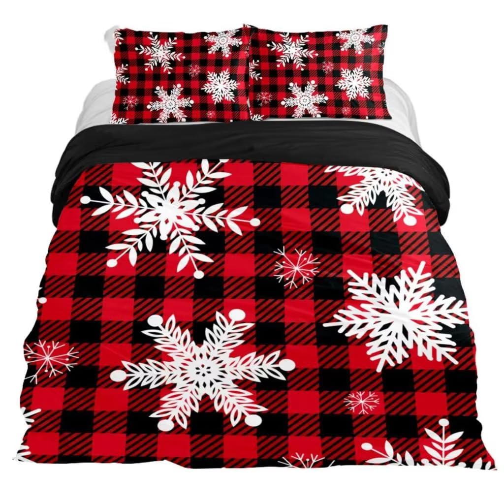 Couette de Noël de lit 240x220 flocon de neige, housse vichy rouge et noire respirante pour enfants