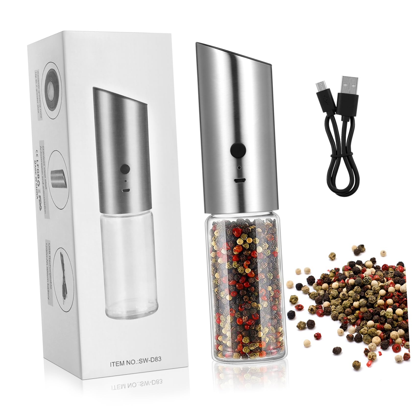 COLLBATH Grinder Measuring Scoop Adjustable Kitchen Gadgets Pepper Shaker Electric Pepper Mill Chili Mill Battery- Operated Pepper Electric Automatic Pepper Mill Abrader USB Stainless Steel