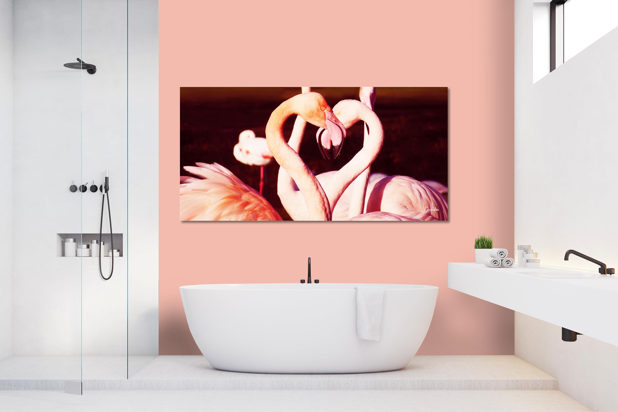 Glücksvilla - Flamingos in Love (Leinwand-Bild 2 cm, 160 x 80 cm) | div. Maße - aus DE - Kunstdruck Deko Wandbild quer - Vogel Tier See Meer Liebe Herz Frankreich