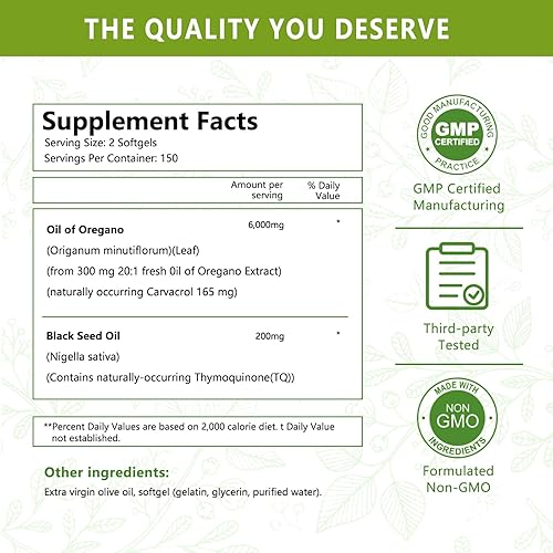 Miniatura 7 de Cápsulas blandas de aceite de orégano, 2 en 1 6000 mg de aceite de orégano con aceite de semilla negra de 200 mg, carvacrol de alta potencia y