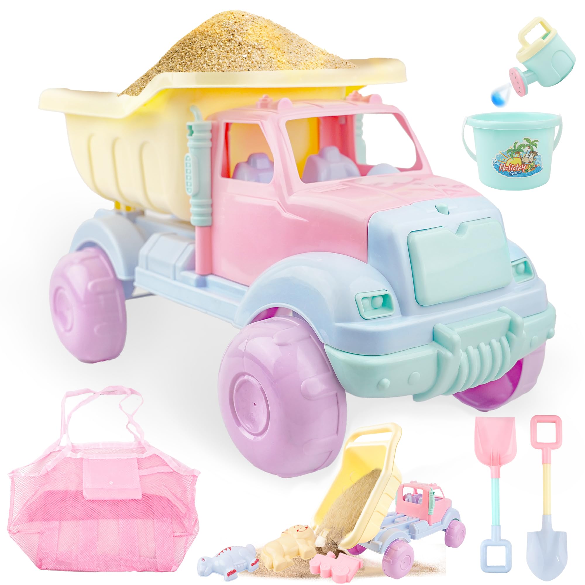 BELLOCHIDDO Beach Toys - Beach Dump Truck Kids Sand Toys with Sand Truck, Bucket, Shovel, Molds, Toddler Sandbox Toys for Boys & Girls