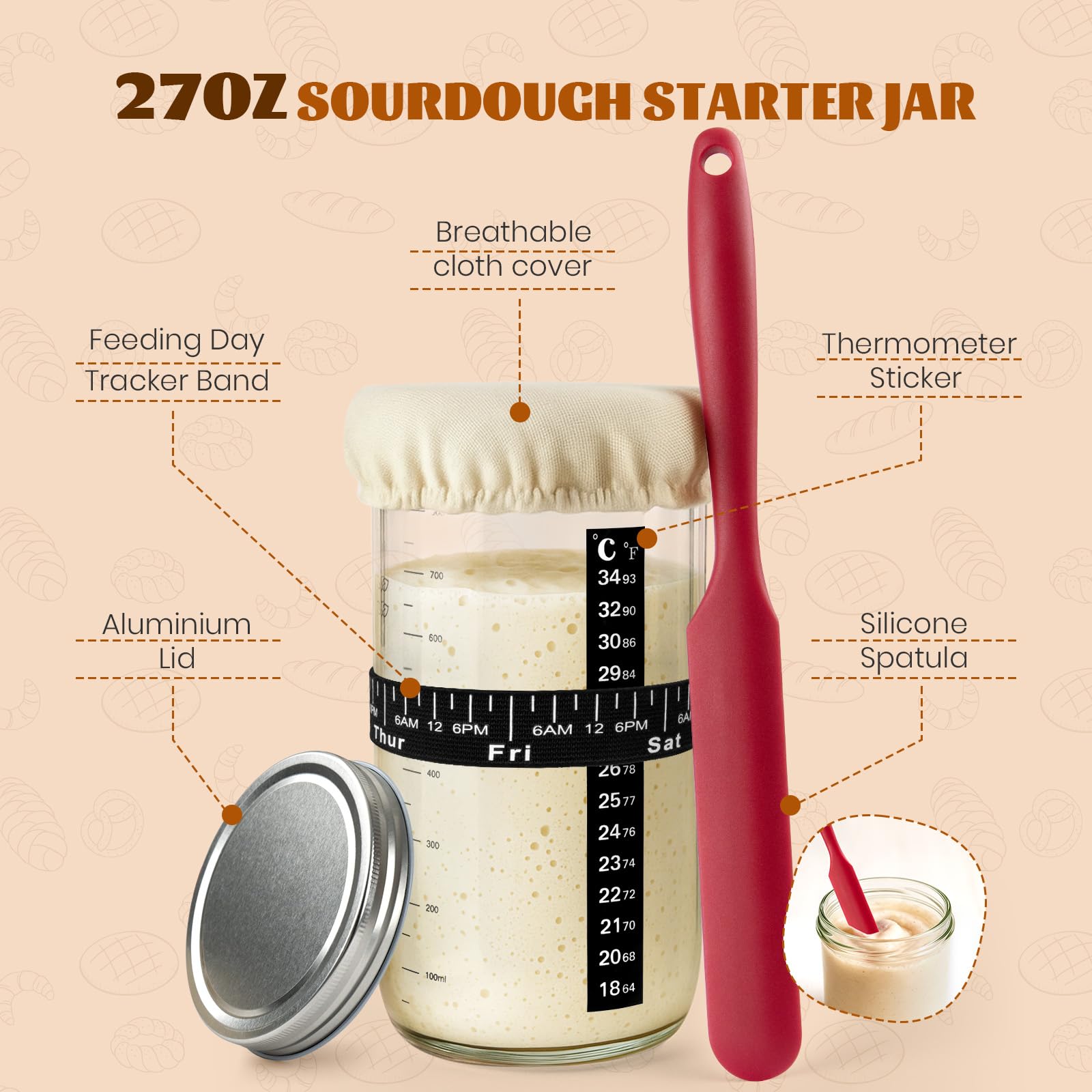 Sauerteig-Starter-Set, Banneton Brotgärkorb, Sauerteig-Brot-Backzubehör mit 765 ml Starterglas und 2 Baumwollseil-Gärkörben, Sauerteig-Set, Geschenk für die Brotherstellung