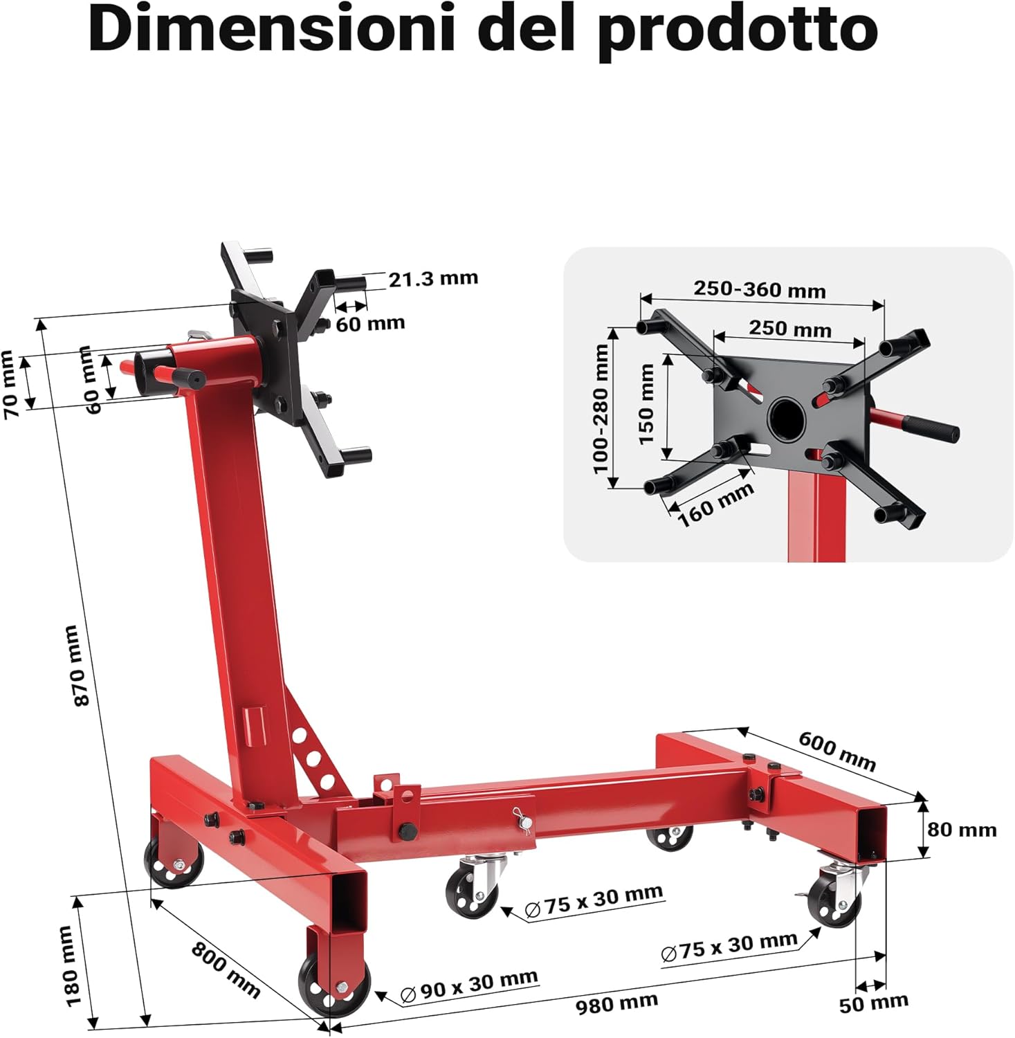 Detailed diagram showing the dimensions and individual components of the Wiltec engine stand, including the main frame, mounting head, and wheels.