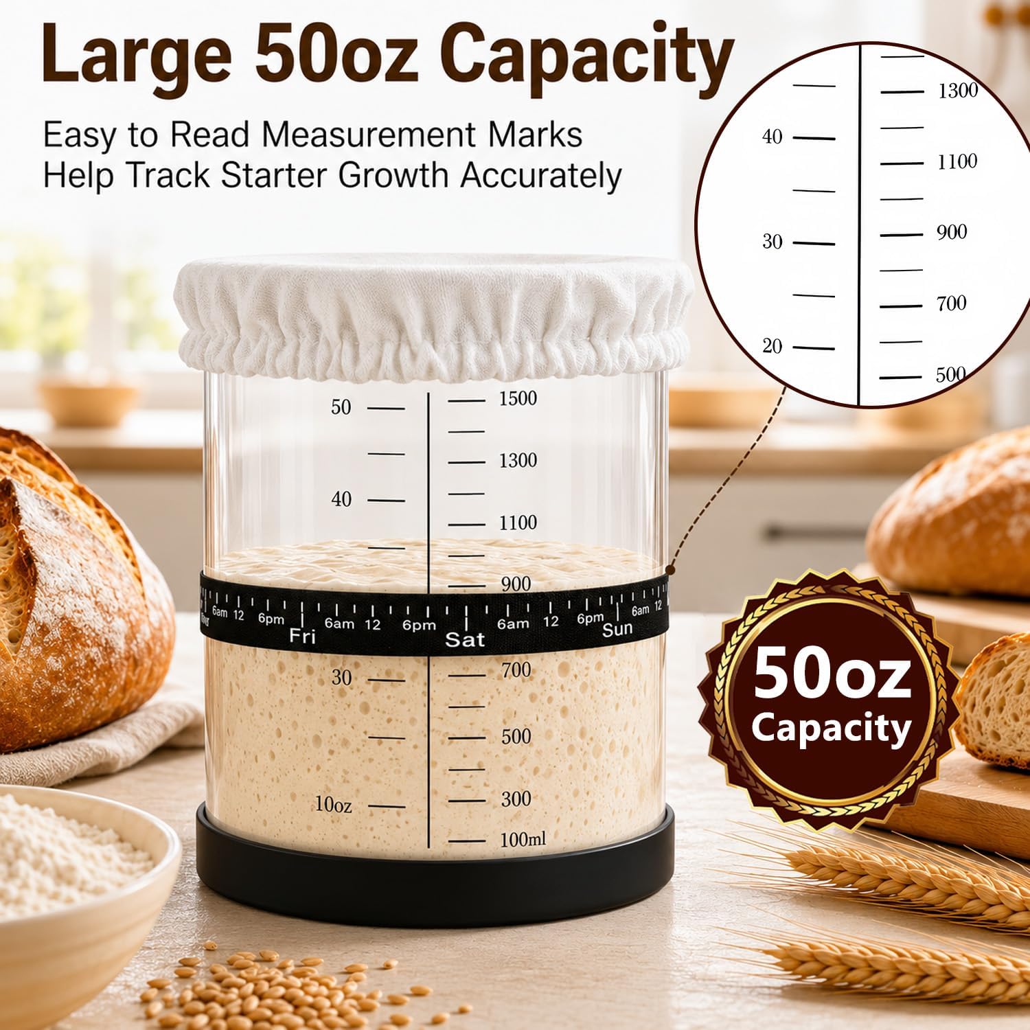 Sourdough Starter Jar 50oz, Wide Mouth Glass Jars with Feeding Band