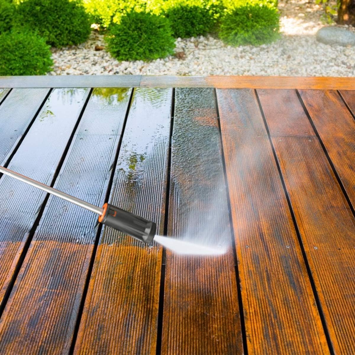 PAXCESS Pressure Washer cleaning a wooden deck.