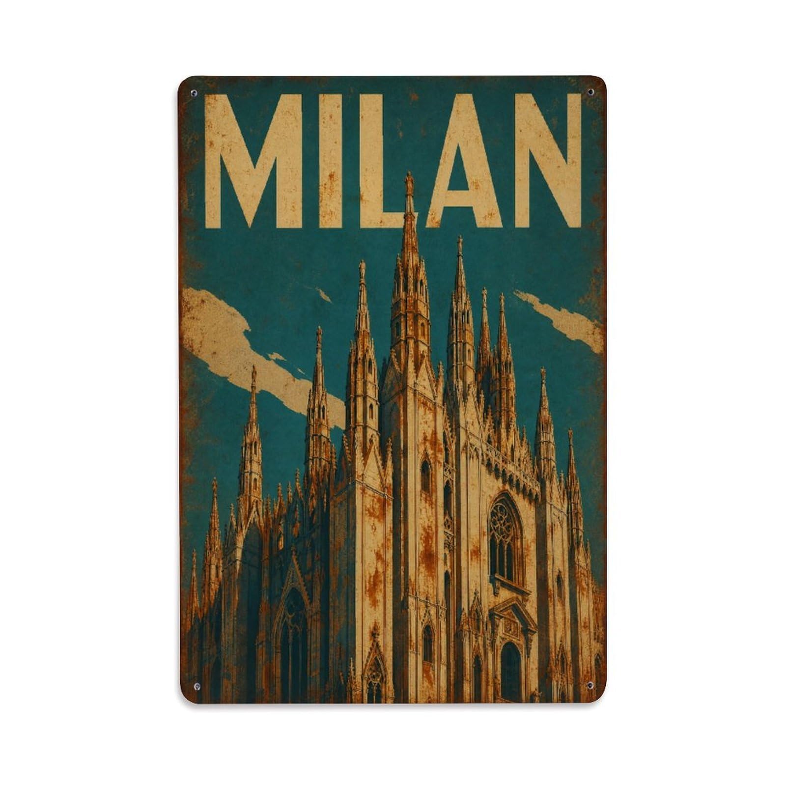 Huiyhb 8X12inch(20X30cm) Vintage Travel Milan Cathedral Gothic Architecture Italy Metal Tin Sign