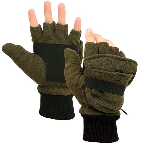 Zeltauto Men’s 3M Thinsulate Fleece Mitten Gloves Convertible Fingerless Mitten Flap Cover Multipurpose - L - Army Green