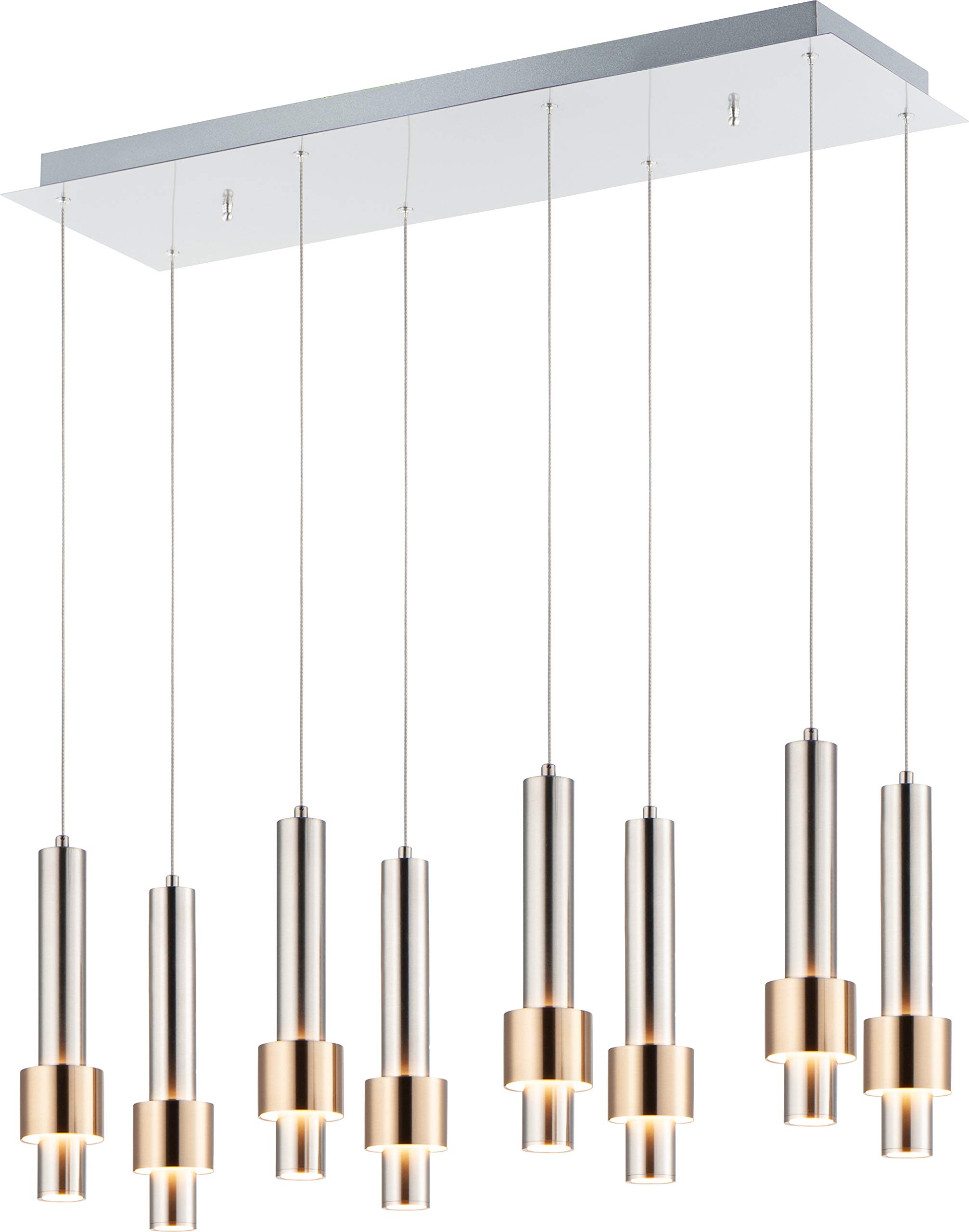ET2E24758-SNSBR Reveal Aluminum & Acrylic Tubular Rectangular Pendant Ceiling Lighting, 8-Light 48 Watts, 12" H x 10" W x 32" L, Satin Nickel/Satin Brass