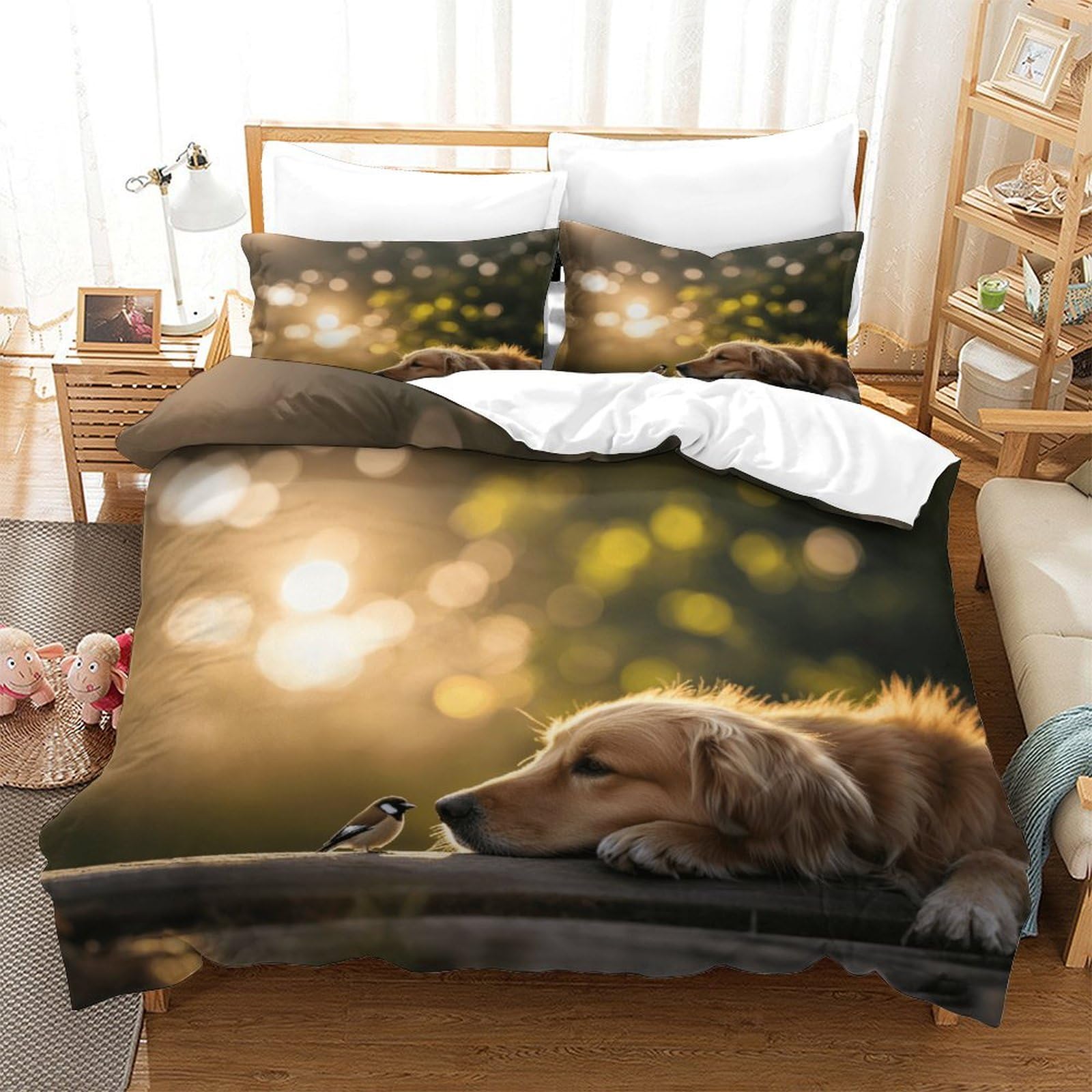 Dafufbw Boys Dogs-4 Dogs Bedding Set Finesse Duvet Cover, Sheet With Pillow Cases Breathable Brushed Microfiber Golden Retriever Comforter Cover With Hidden Zipper, Luxury Quilt Cover Set King（220X240cm）