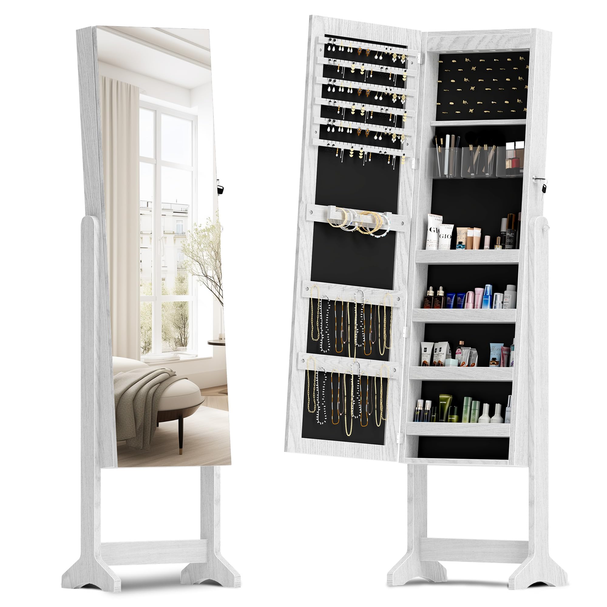 SogesHome SogesHome Gabinete de joyería de pie libre, cerrable de longitud completa con espejo, gabinete de almacenamiento ajustable en ángulo organizador de joyas para anillos, pulseras, blanco SH-QH-6150-W
