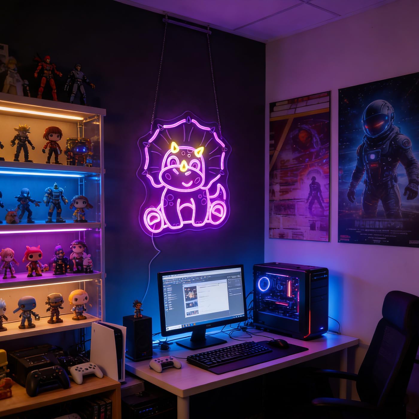 Nordstylee Cute Triceratops Dinosaur Neon Light - Pink Dimmable LED Wall Sign for Girls Room Decor, USB Powered with Hanging Kit, Bedroom Nursery Party Christmas Wall Art Gift for Dino Lovers image 2