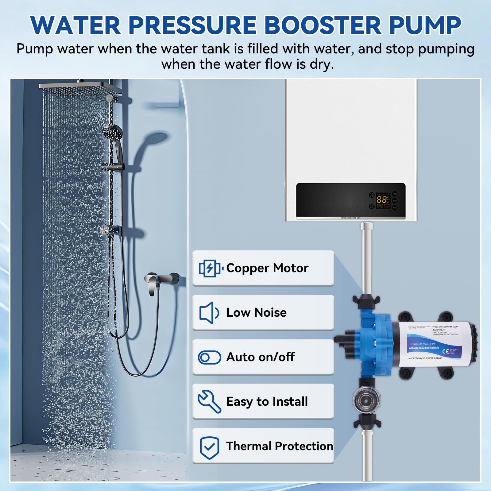 YUCHENGTECH Bomba de Membrana Autocebante 220V AC Bomba de Agua a Presión, 88W, 11.3 Lpm/min, 45 Psi/3.1 Bar Bomba de Agua Automática para Casa, Ducha, Jardín, RV Grifos