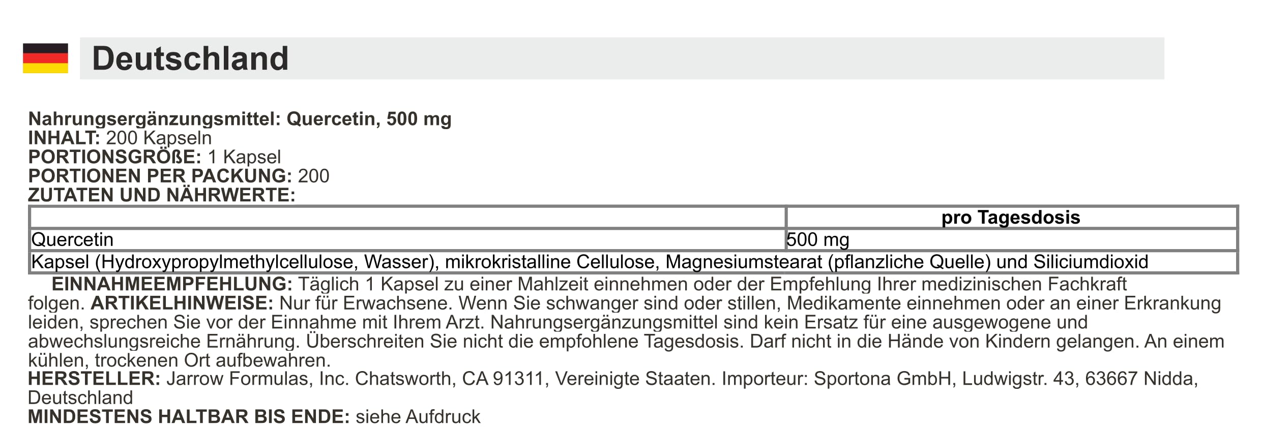 Jarrow Formulas - Quercétine - 500 mg pour soutien antioxydant et santé cellulaire - 200 gélules