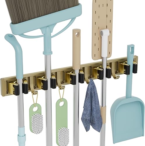 Miniatura 12 de reliahom Paquete de 2 soportes para escobas de montaje en pared, colgador de escoba y trapeador de pared, estante de almacenamiento de garaje